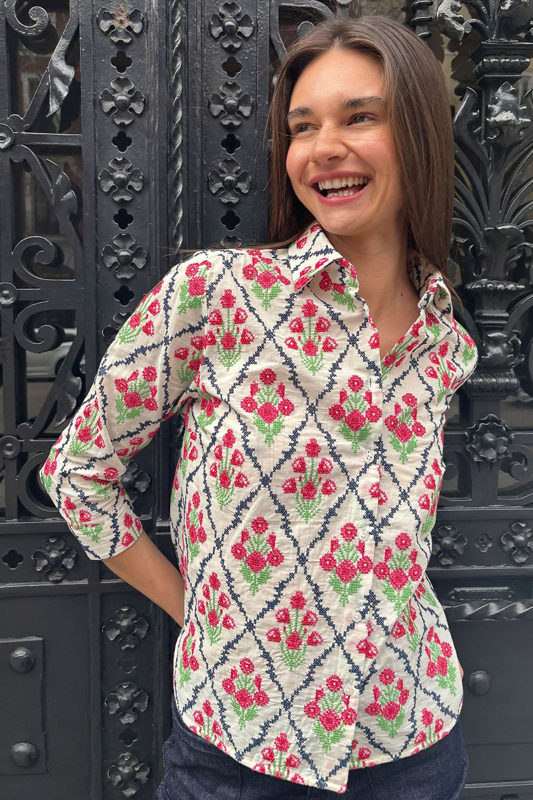 Vilagallo 33074 Pink Flower Embroidered Shirt - Shirley Allum Boutique