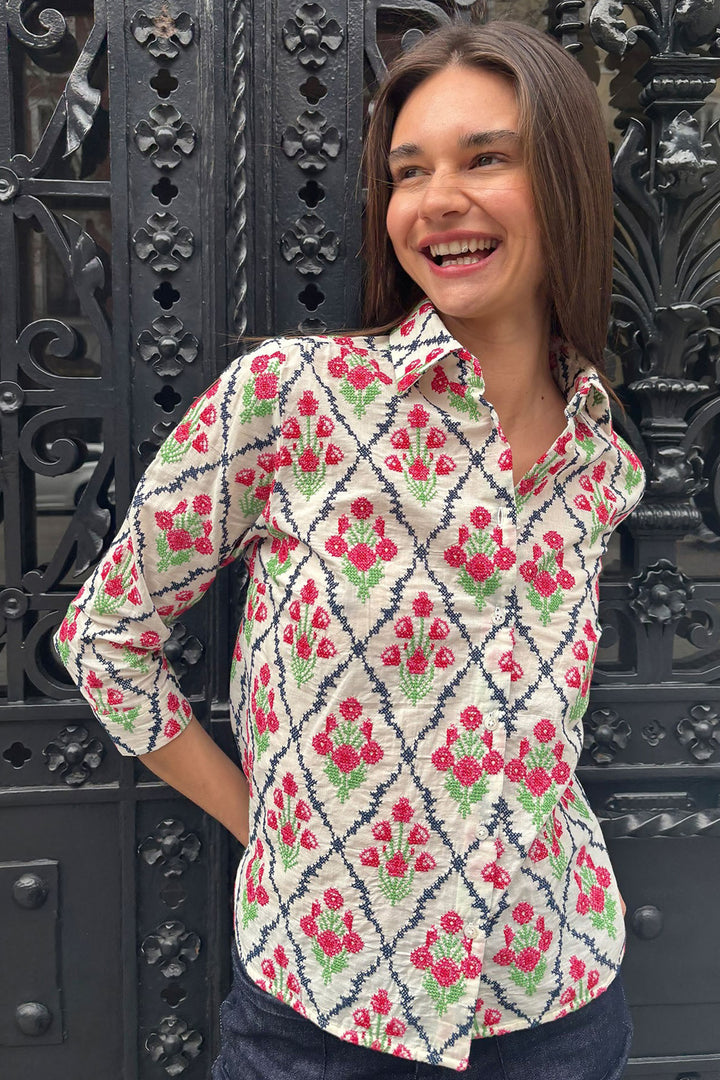 Vilagallo 33074 Pink Flower Embroidered Shirt - Shirley Allum Boutique