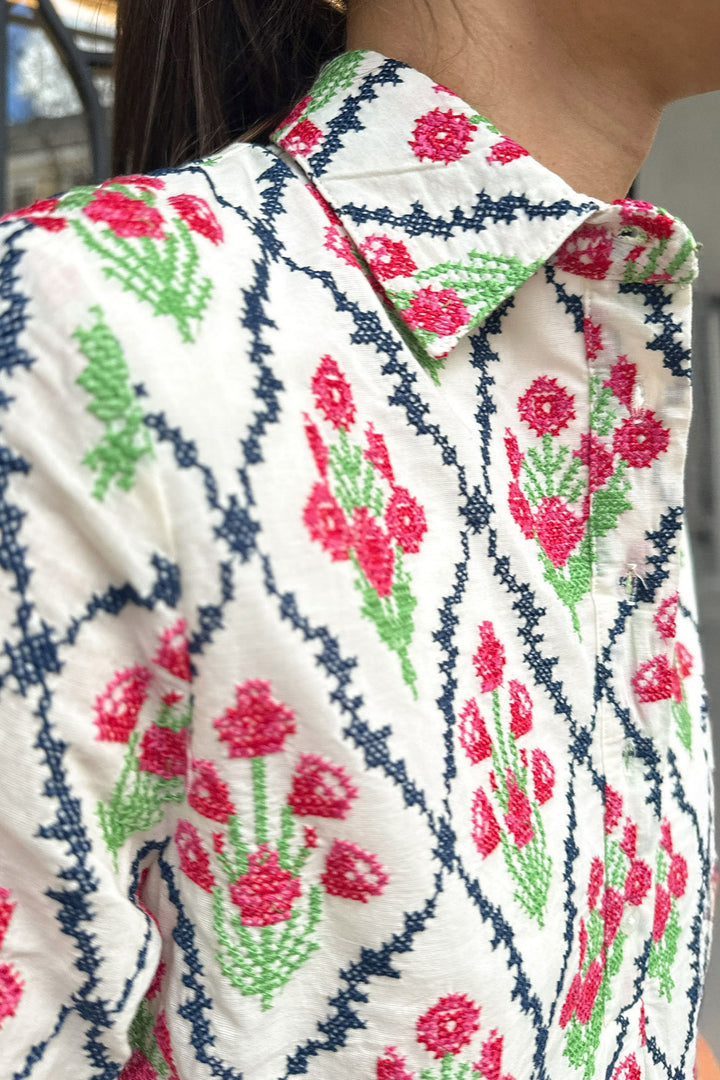 Vilagallo 33074 Pink Flower Embroidered Shirt - Shirley Allum Boutique