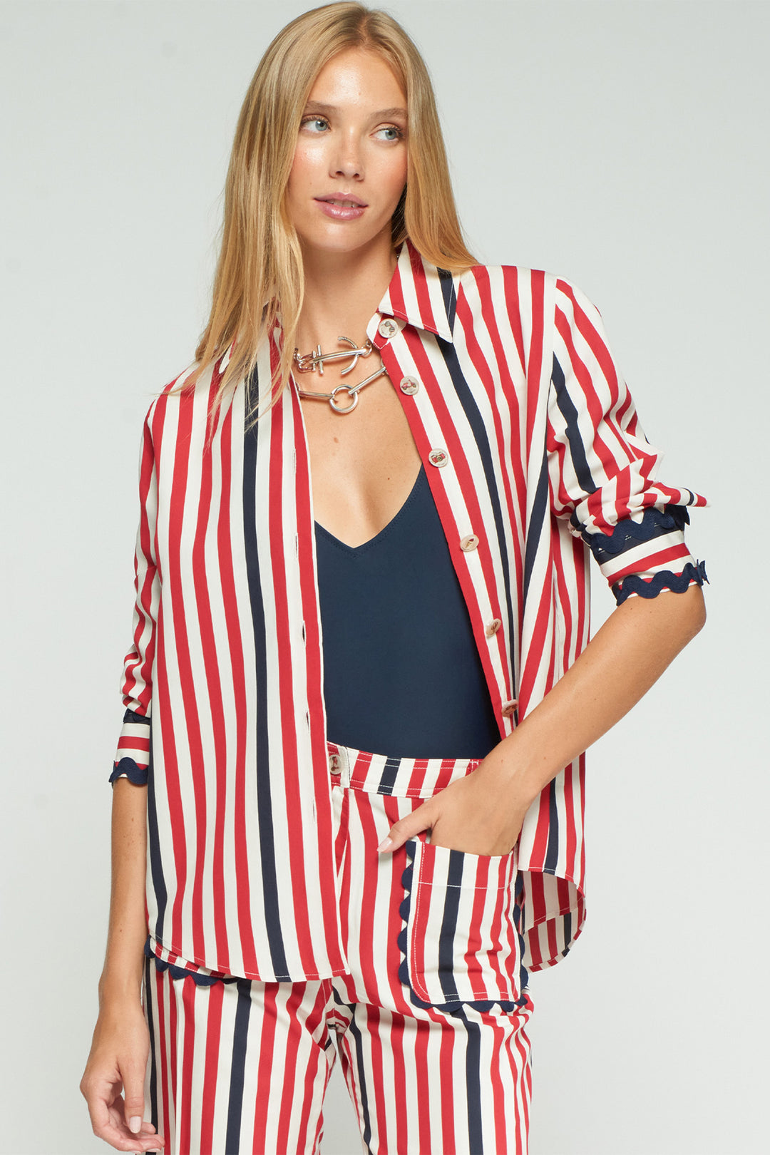 Vilagallo 33390 Red Navy Stripe Ric-Rac Cuff Shirt