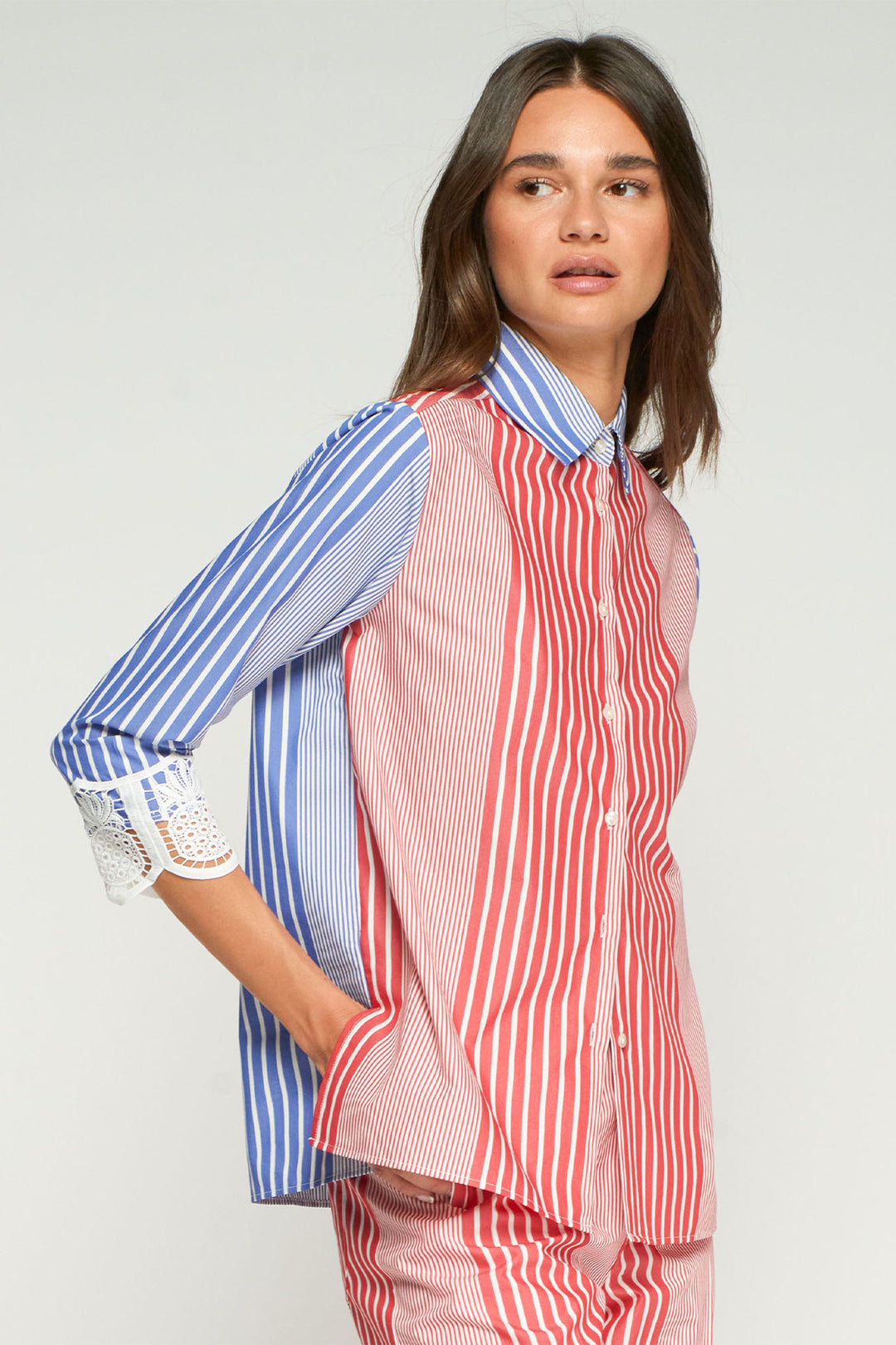 Vilagallo 33517 Red Blue Stripe Lace Cuff Shirt