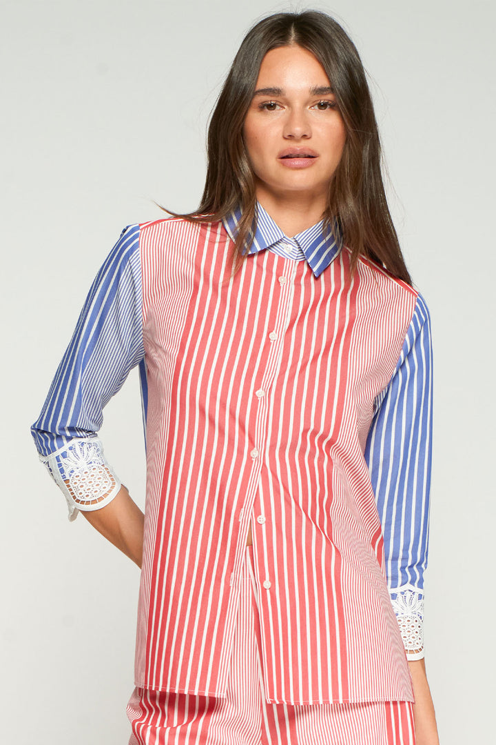 Vilagallo 33517 Red Blue Stripe Lace Cuff Shirt