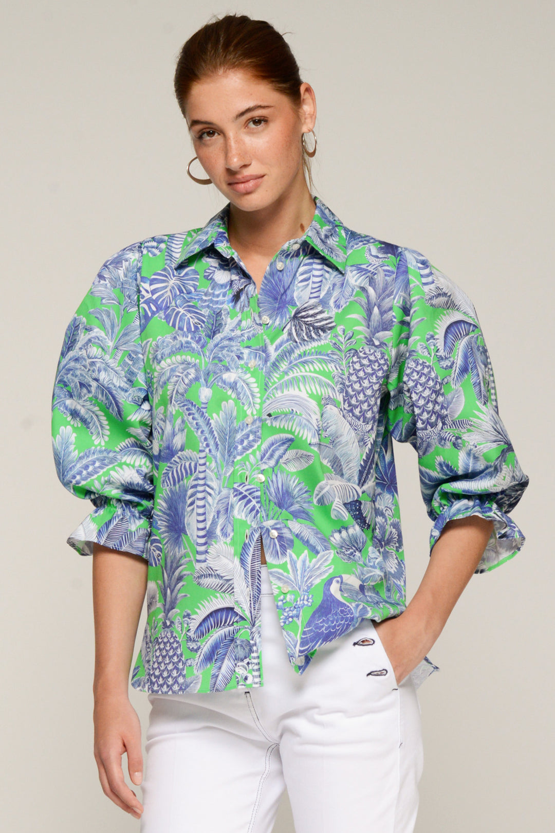 Vilagallo 33587 Blue Green Tropical Leaf Print Shirt