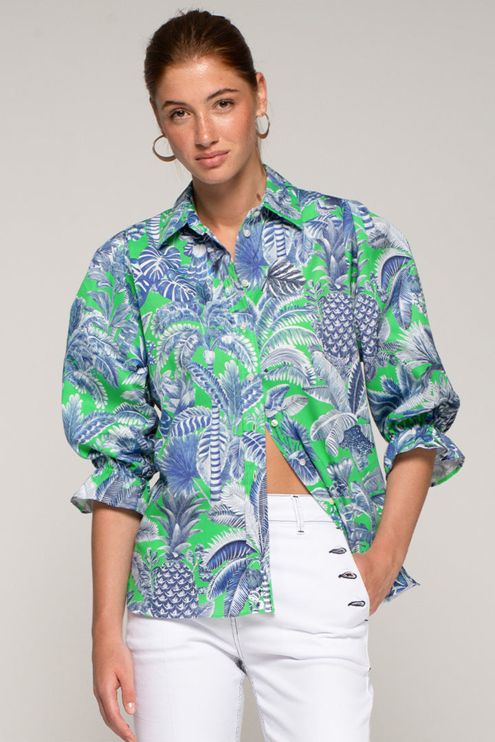 Vilagallo 33587 Blue Green Tropical Leaf Print Shirt