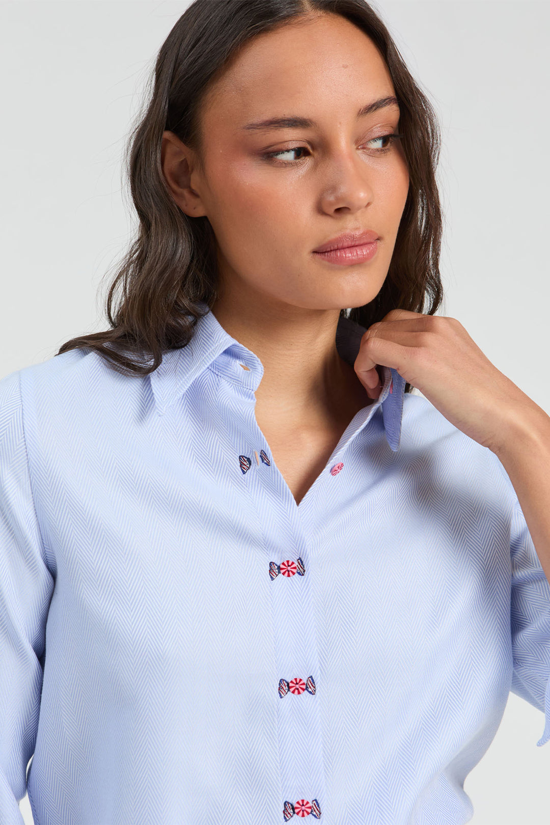 Vilagallo Blue Herringbone Blouse at Shirley Allum