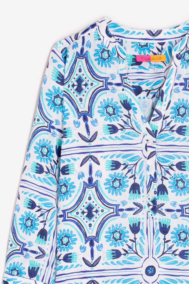 Vilagallo Carlota V-Neck Blouse Blue Print 32327 - Shirley Allum Boutique