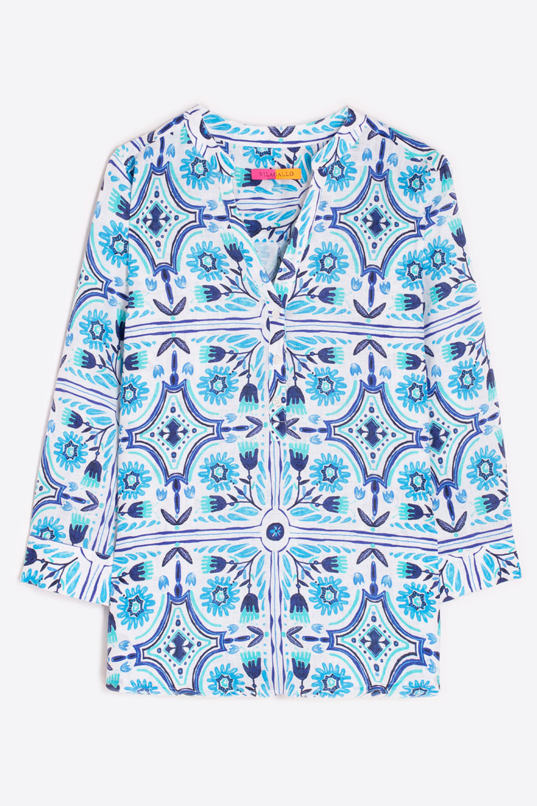 Vilagallo Carlota V-Neck Blouse Blue Print 32327 - Shirley Allum Boutique