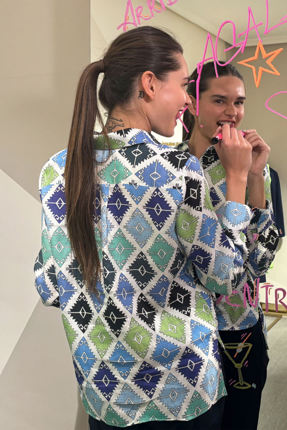 Vilagallo Isa 33108 Turquoise Blue Navajo Print Shirt - Shirley Allum Boutique