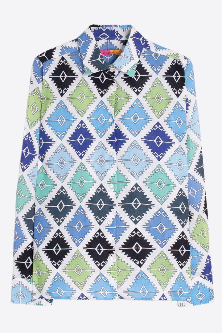 Vilagallo Isa 33108 Turquoise Blue Navajo Print Shirt - Shirley Allum Boutique