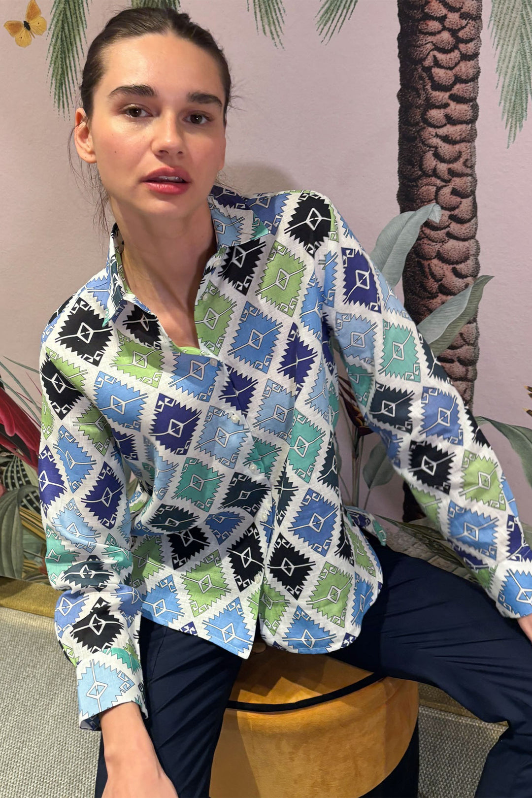 Vilagallo Isa 33108 Turquoise Blue Navajo Print Shirt - Shirley Allum Boutique