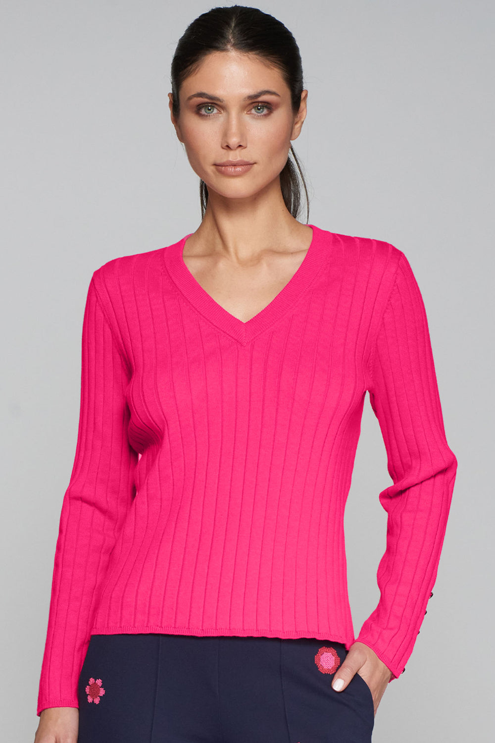 Vilagallo Jumper V-Neck Button Cuff Pink 31964 - Shirley Allum Boutique