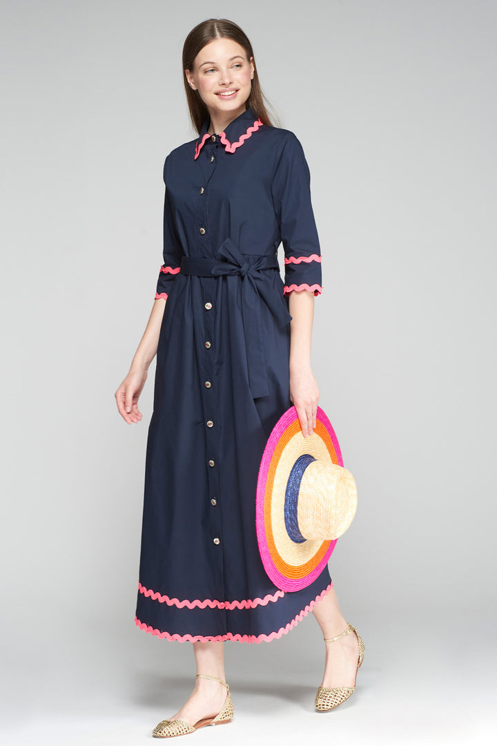 Vilagallo Natalia 32465 Navy Poplin Midi Shirt Dress - Shirley Allum Boutique