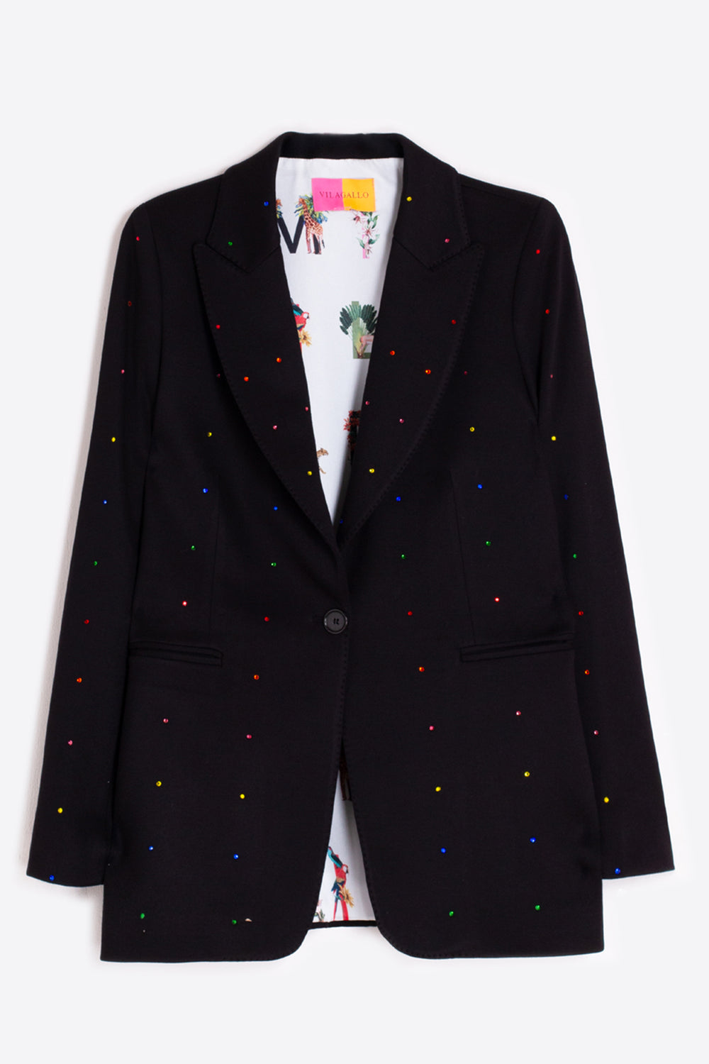 Black blazer with colorful speckles on a white background