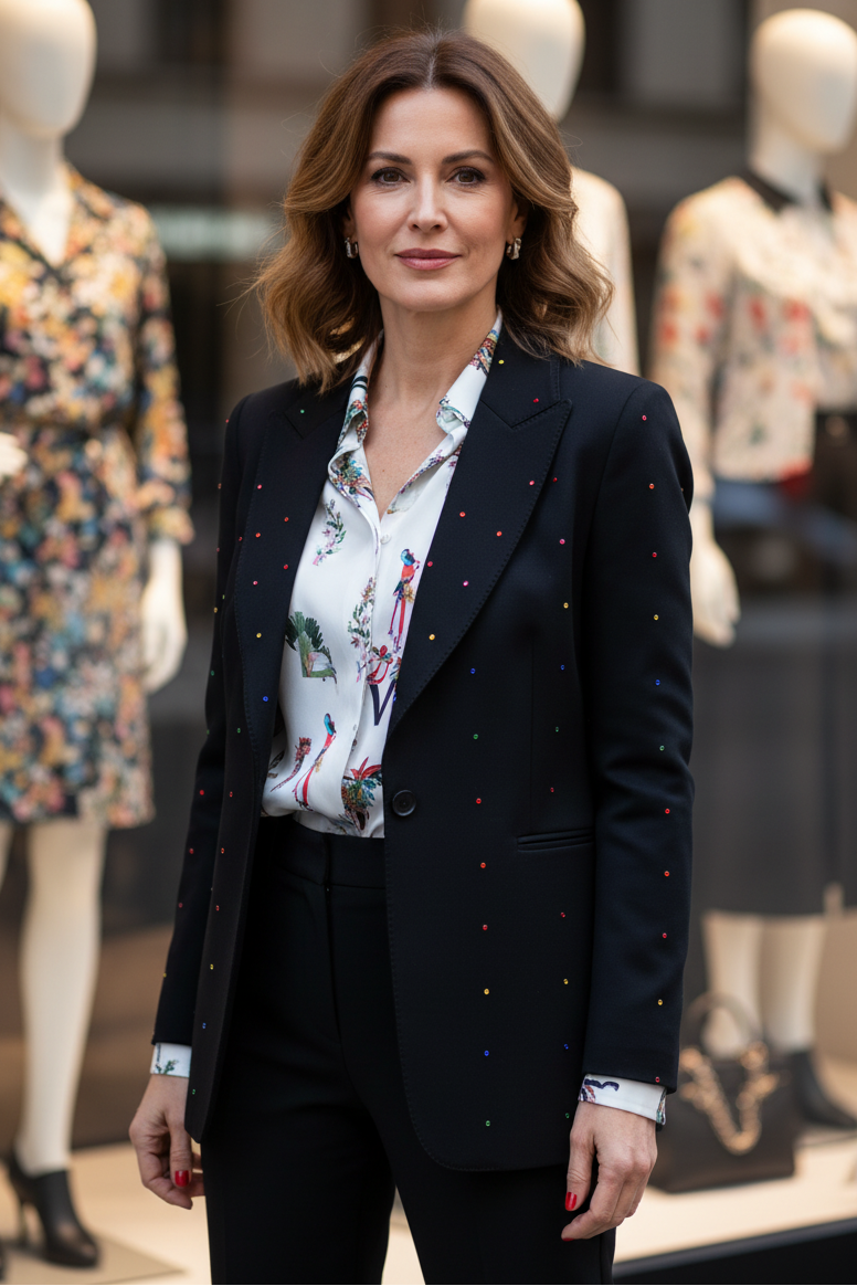 Woman in a dark blazer with colorful accents standing in front of mannequins wearing dresses.