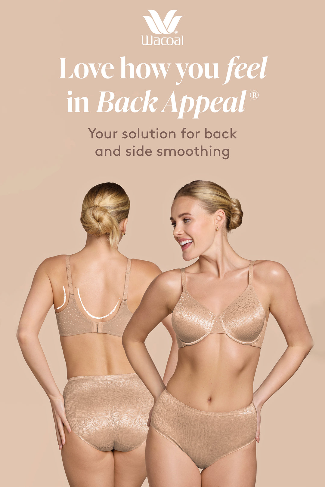 Wacoal Back Appeal lingerie set with two models on a beige background