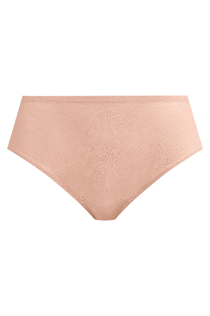 Pink high-waisted bikini bottom on a white background