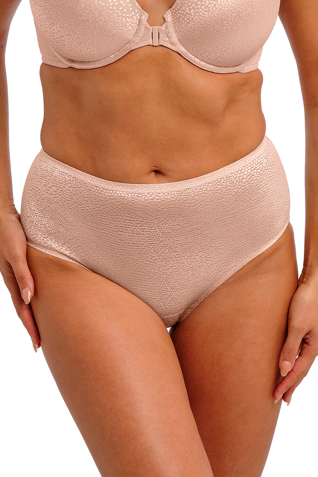 Pink bra and high-waisted underwear set on a white background