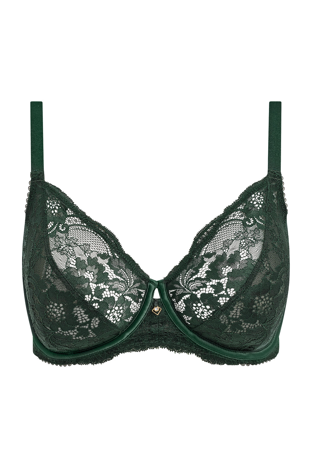Green lace bra on a white background