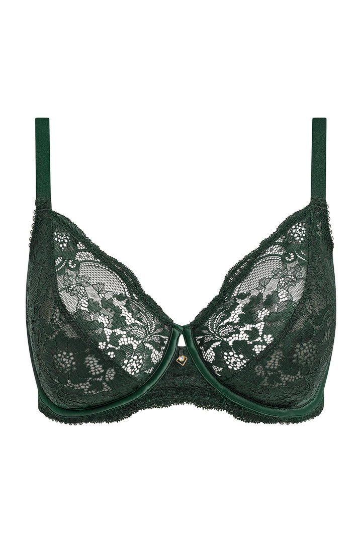 Green lace bra on a white background