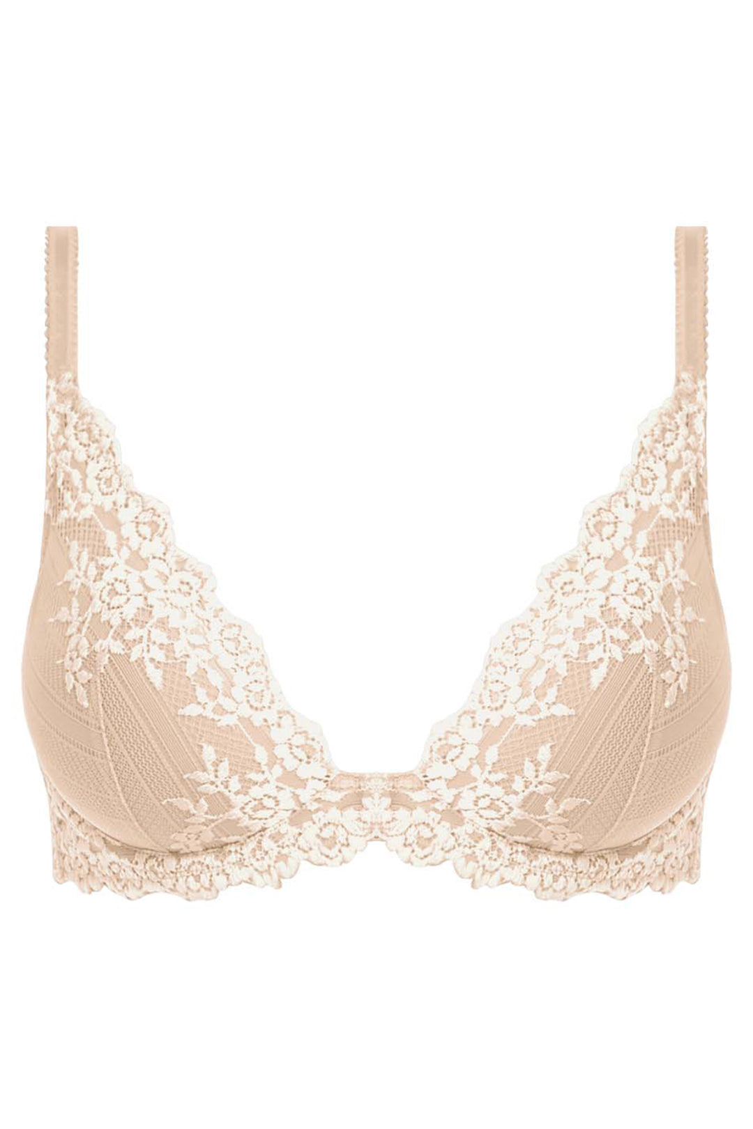 Beige lace bra on a white background