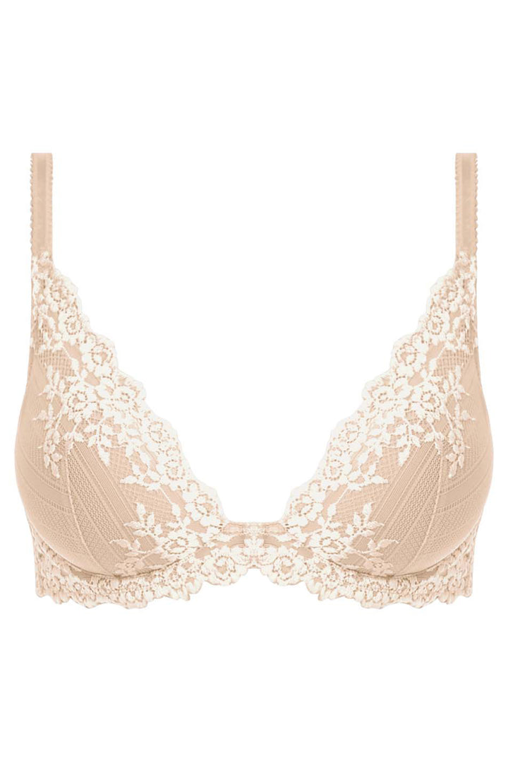Beige lace bra on a white background