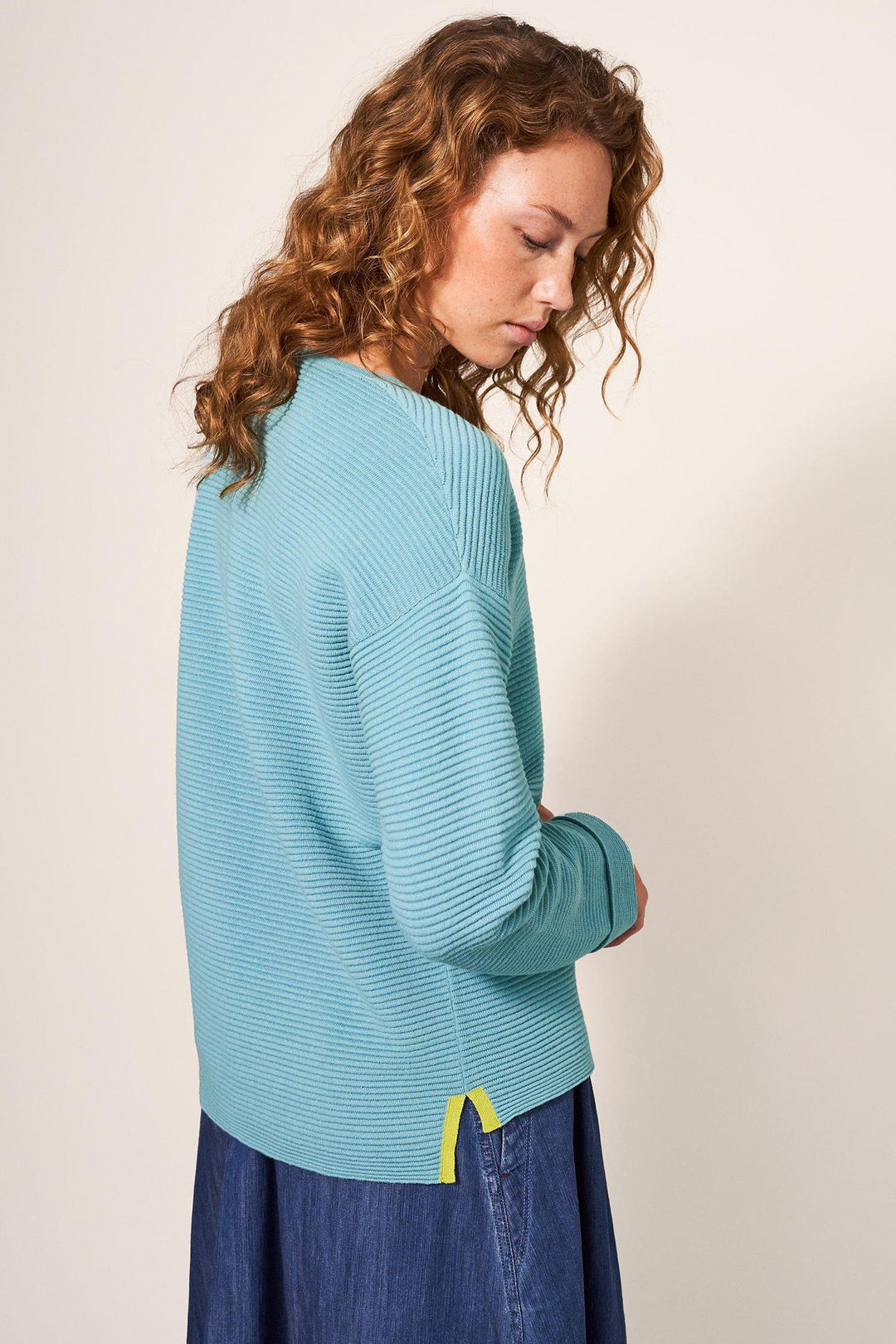 White Stuff 439249 Jana Mid Teal Blue Relaxed Shoulder Ribbed Jumper  - Shirley Allum Boutique