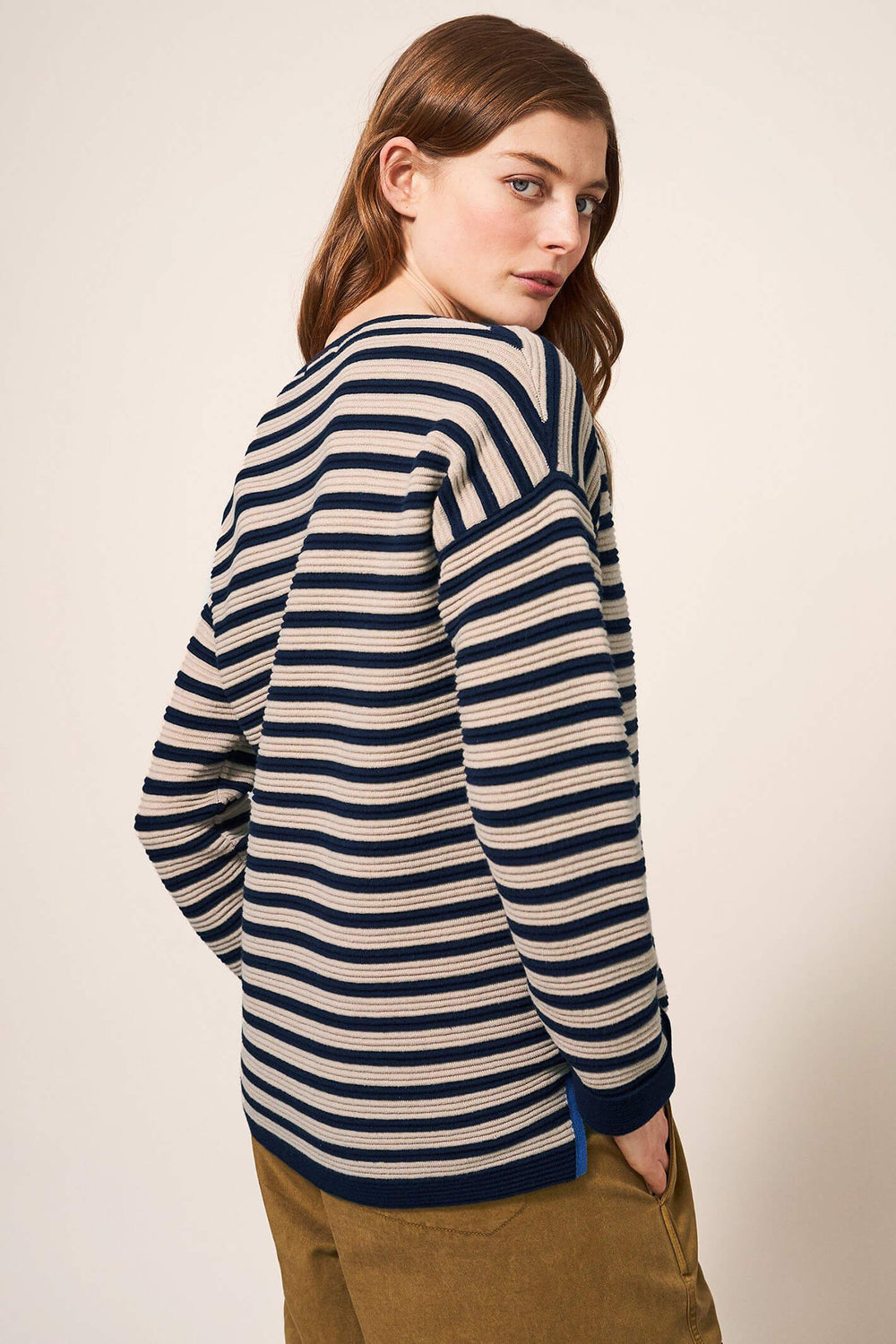 White Stuff 439249 Jana Natural Stripe Relaxed Shoulder Ribbed Jumper - Shirley Allum Boutique