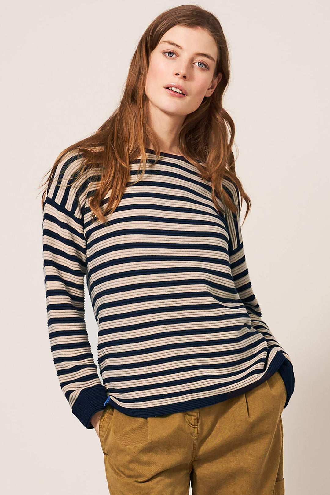 White Stuff 439249 Jana Natural Stripe Relaxed Shoulder Ribbed Jumper - Shirley Allum Boutique
