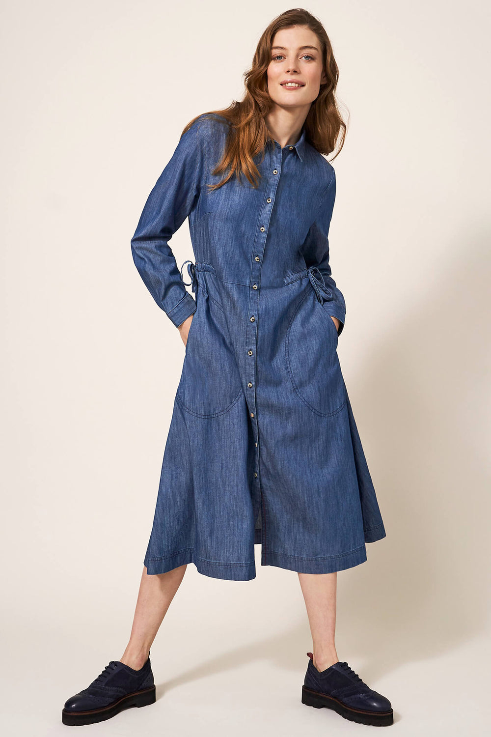 White Stuff 439496 Mid Denim Jade Blue Denim Shirt Dress - Shirley Allum Boutique