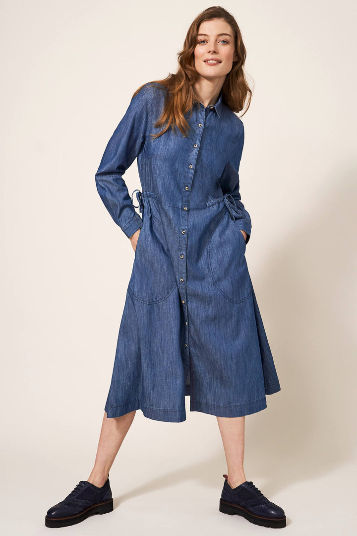 White Stuff 439496 Mid Denim Jade Blue Denim Shirt Dress - Shirley Allum Boutique