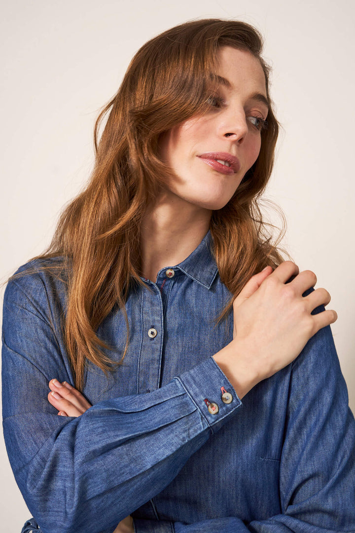 White Stuff 439496 Mid Denim Jade Blue Denim Shirt Dress - Shirley Allum Boutique