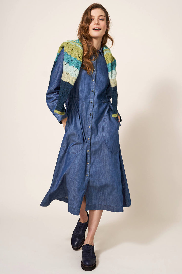 White Stuff 439496 Mid Denim Jade Blue Denim Shirt Dress - Shirley Allum Boutique