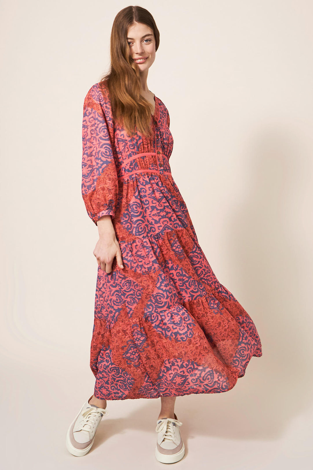 White Stuff 439505 Jenna Red Multi Print Midi Dress - Shirley Allum Boutique