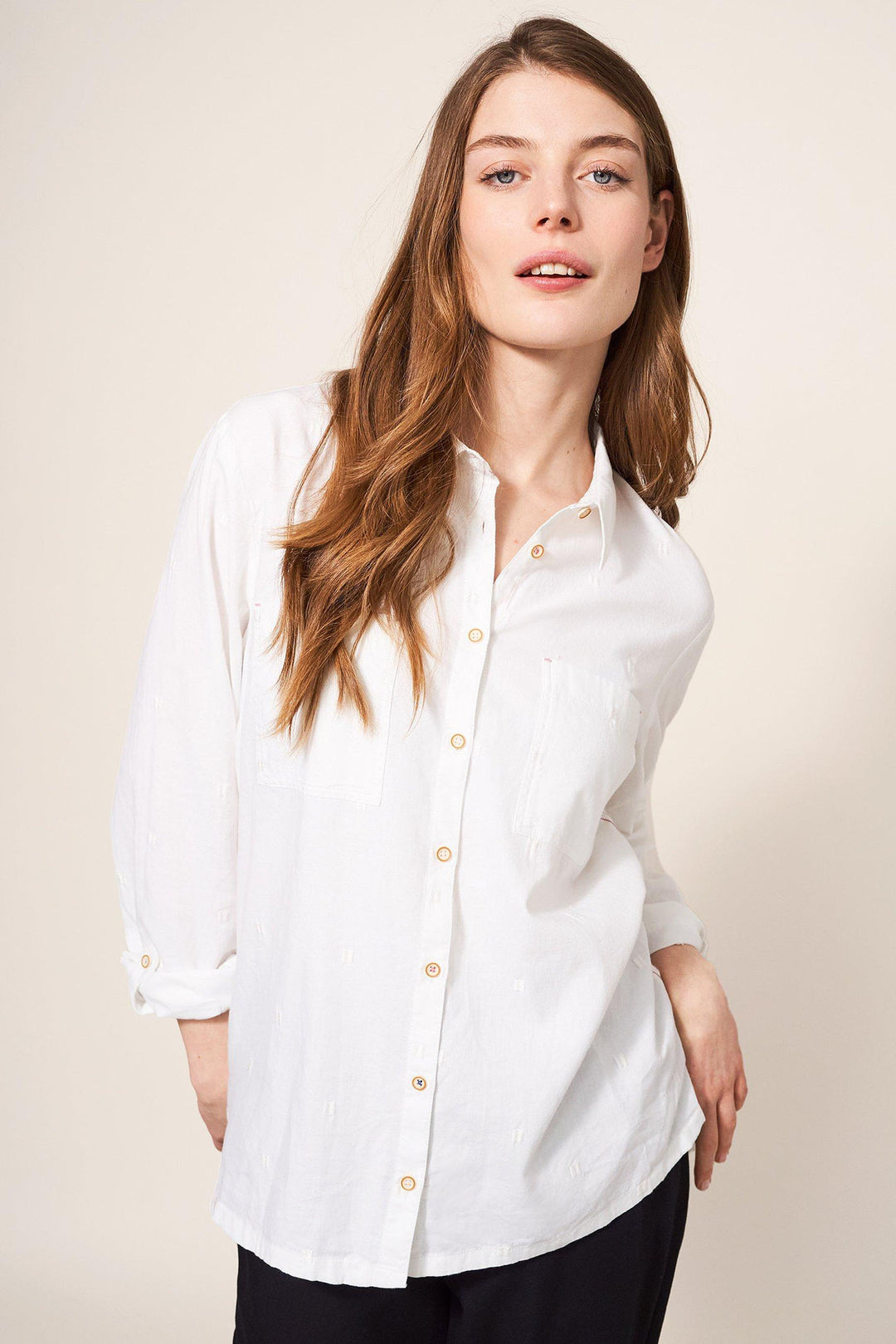 White Stuff 439531 Sophie Pale Ivory Organic Cotton Print Shirt - Shirley Allum Boutique