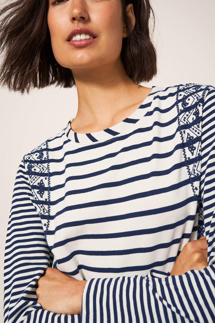 White Stuff 439557 Whisper Interlock Navy Blue Multi Stripe T-Shirt - Shirley Allum Boutique
