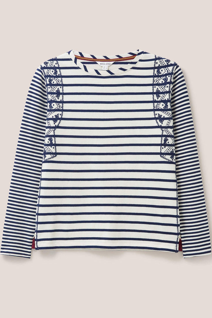 White Stuff 439557 Whisper Interlock Navy Blue Multi Stripe T-Shirt - Shirley Allum Boutique