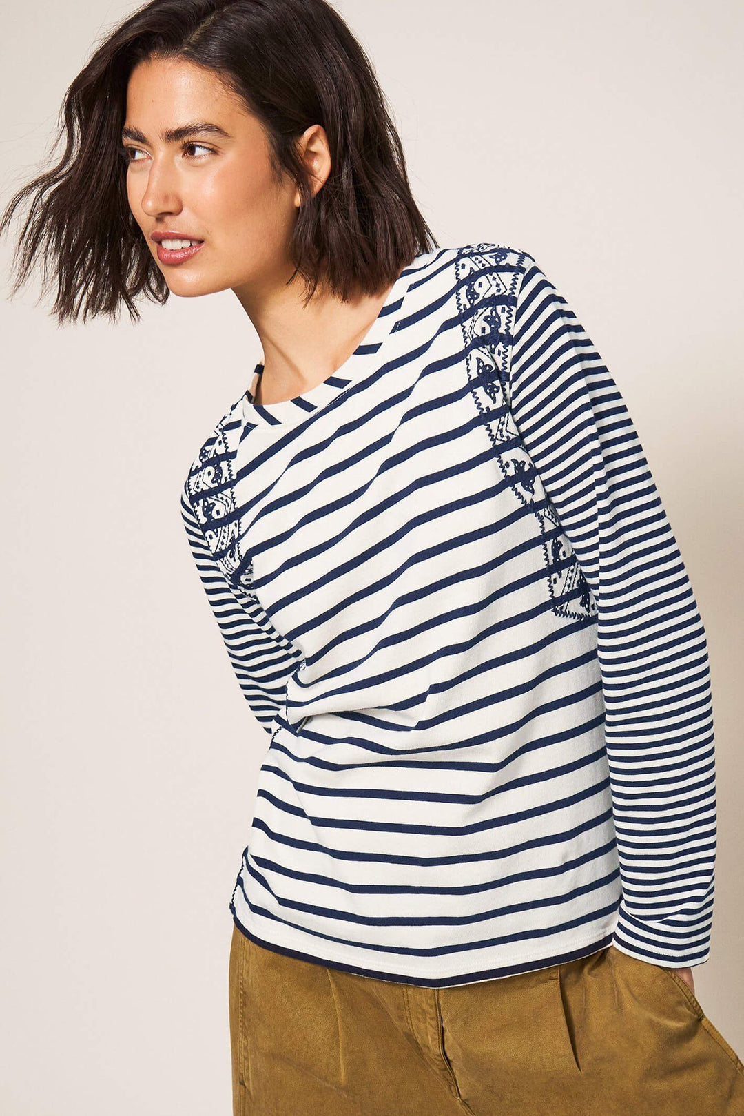 White Stuff 439557 Whisper Interlock Navy Blue Multi Stripe T-Shirt - Shirley Allum Boutique