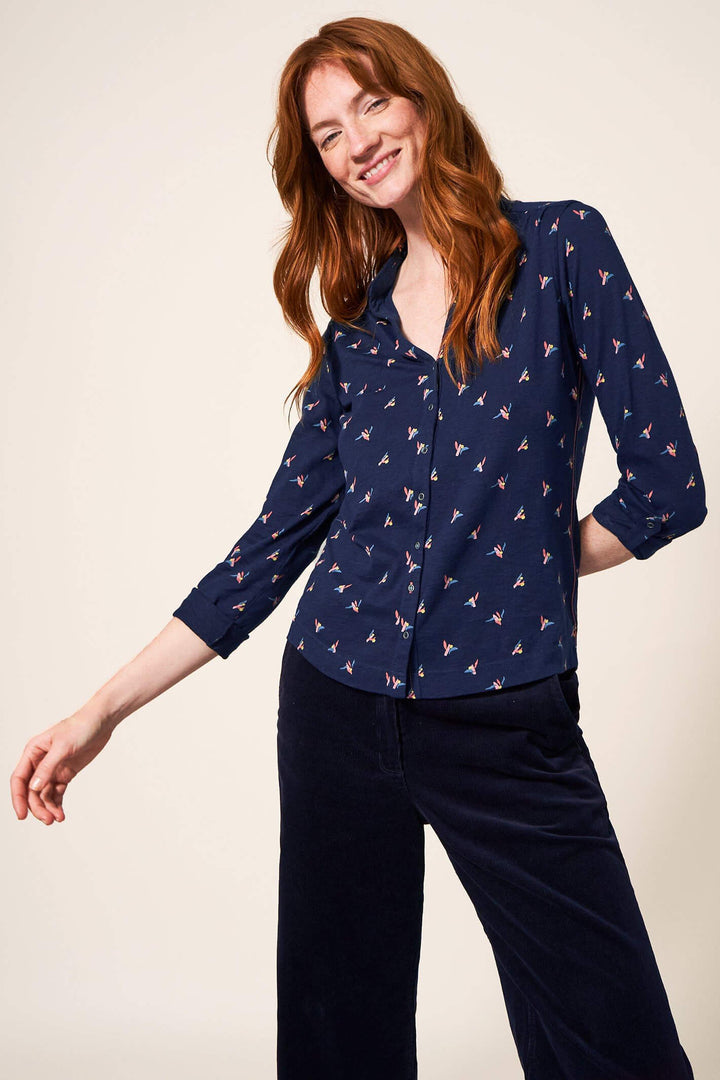 White Stuff 439572 Navy Annie Jersey Print Shirt - Shirley Allum Boutique