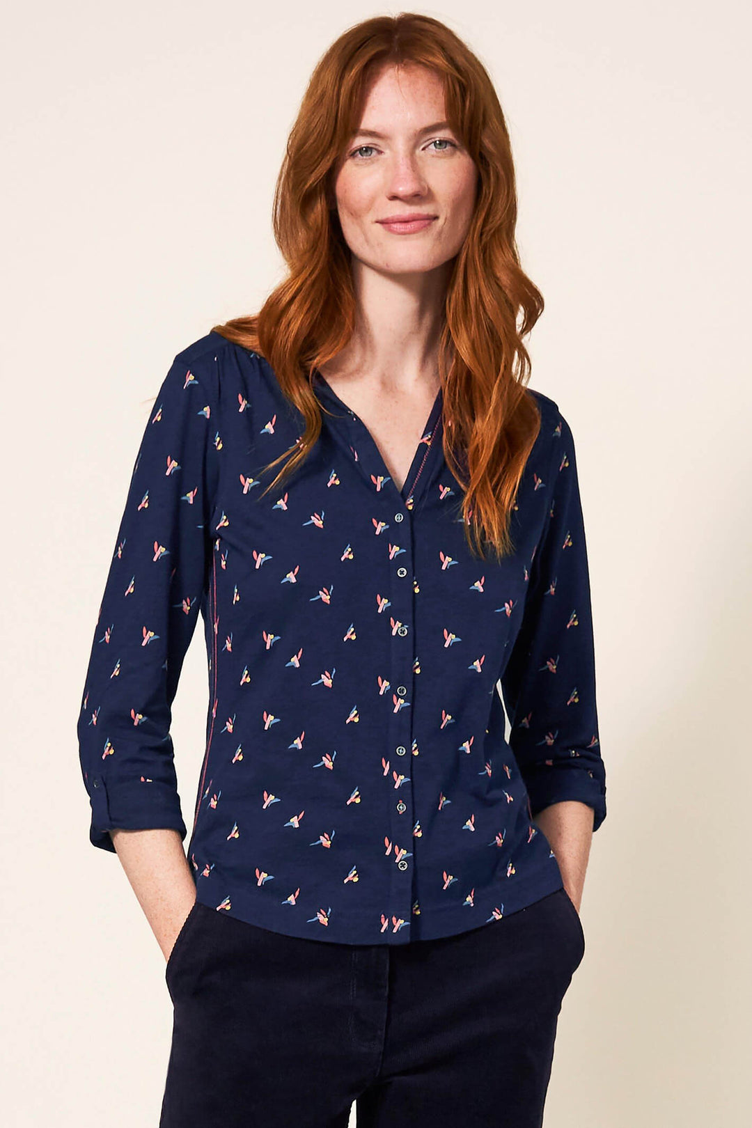 White Stuff 439572 Navy Annie Jersey Print Shirt - Shirley Allum Boutique