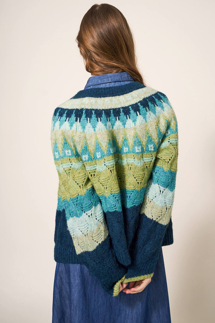 White Stuff 439630 Green Multicolour Yoke Cardigan - Shirley Allum Boutique