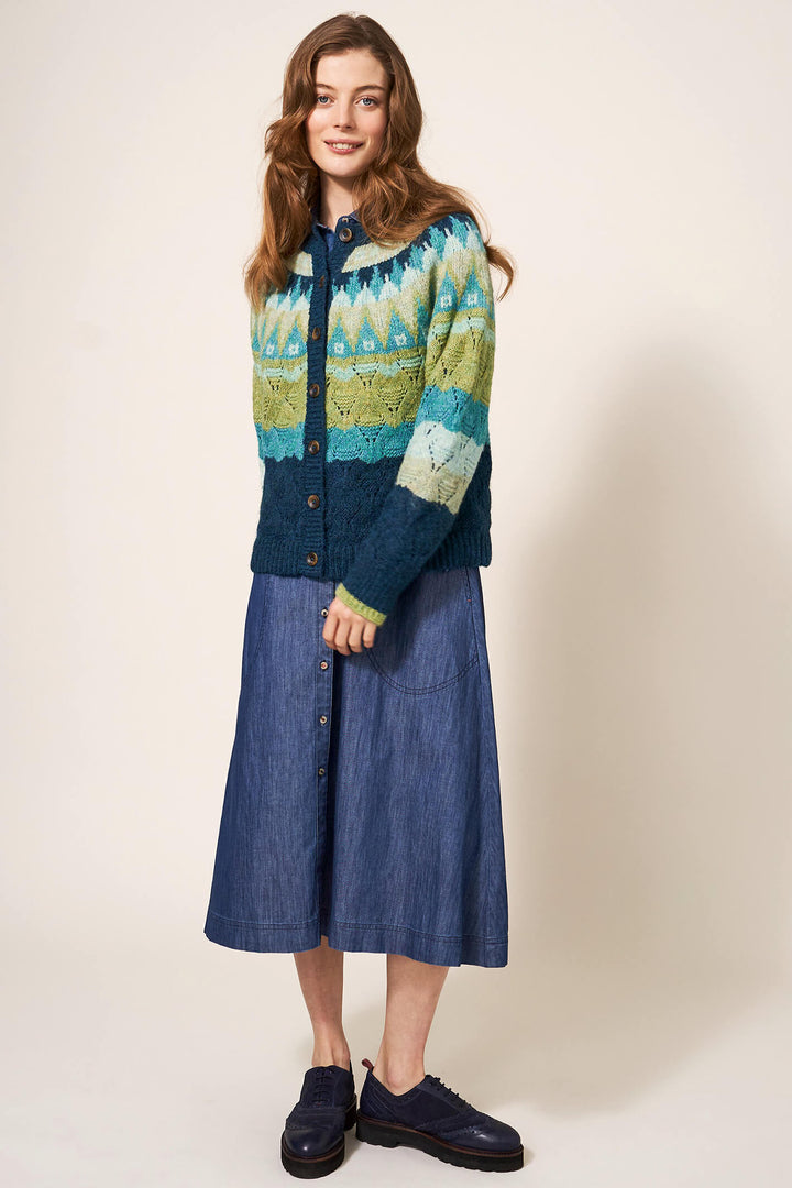 White Stuff 439630 Green Multicolour Yoke Cardigan - Shirley Allum Boutique