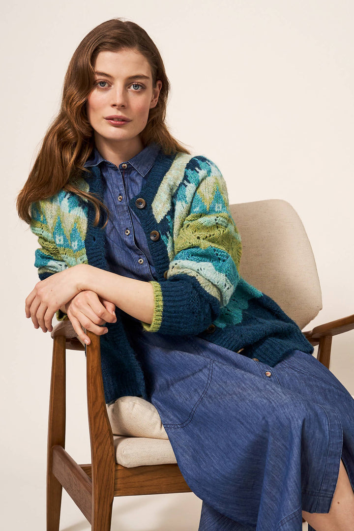 White Stuff 439630 Green Multicolour Yoke Cardigan - Shirley Allum Boutique