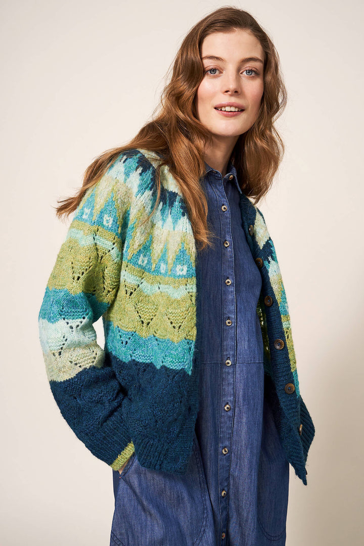 White Stuff 439630 Green Multicolour Yoke Cardigan - Shirley Allum Boutique