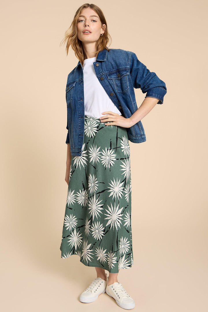 White Stuff 440383 Clemence Green Print Linen Blend Midi Skirt - Shirley Allum Boutique