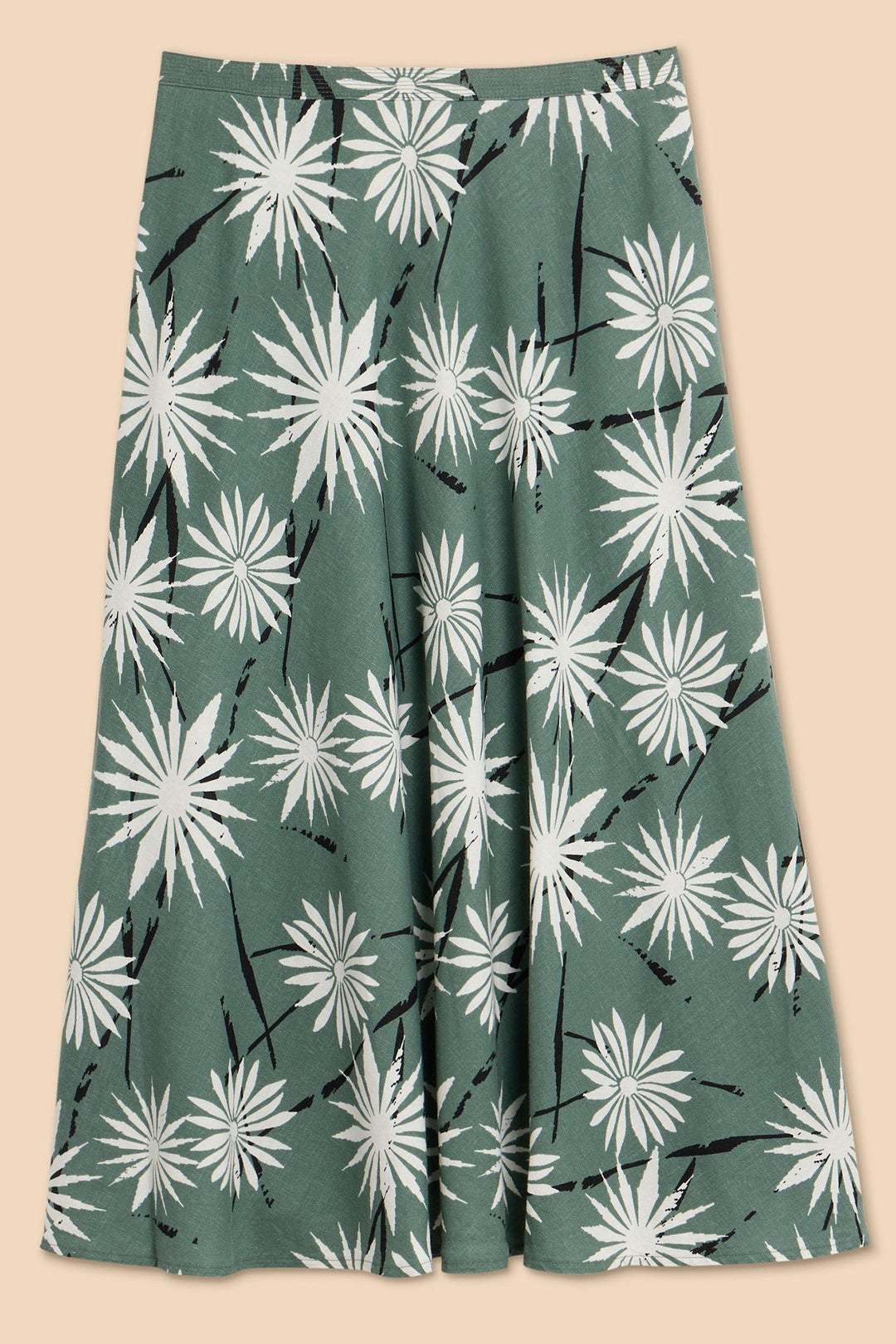 White Stuff 440383 Clemence Green Print Linen Blend Midi Skirt - Shirley Allum Boutique