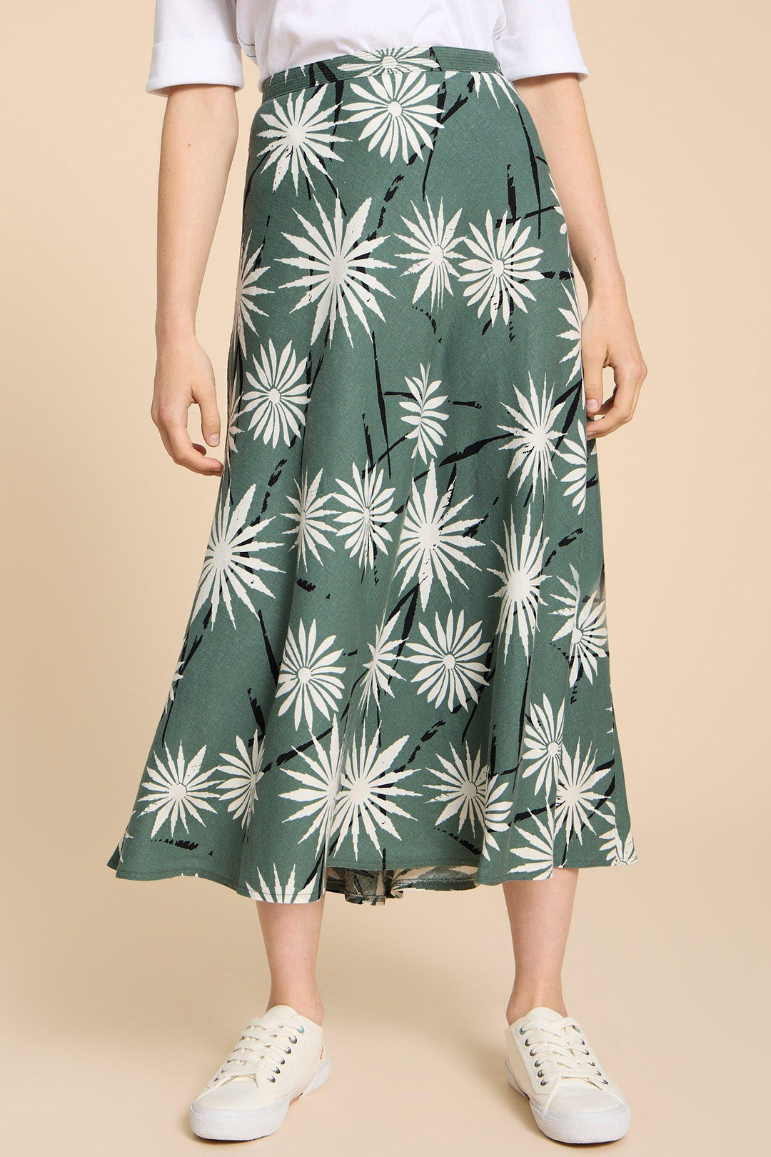 White Stuff 440383 Clemence Green Print Linen Blend Midi Skirt - Shirley Allum Boutique