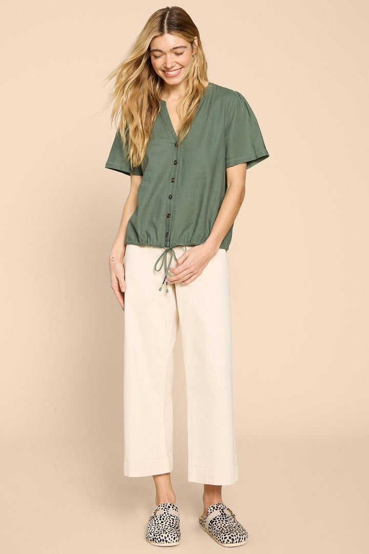 White Stuff 440413 Ferne Khaki Green Linen Blend Short Sleeve Shirt - Shirley Allum Boutique