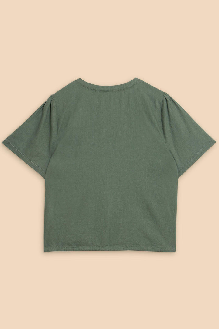 White Stuff 440413 Ferne Khaki Green Linen Blend Short Sleeve Shirt - Shirley Allum Boutique