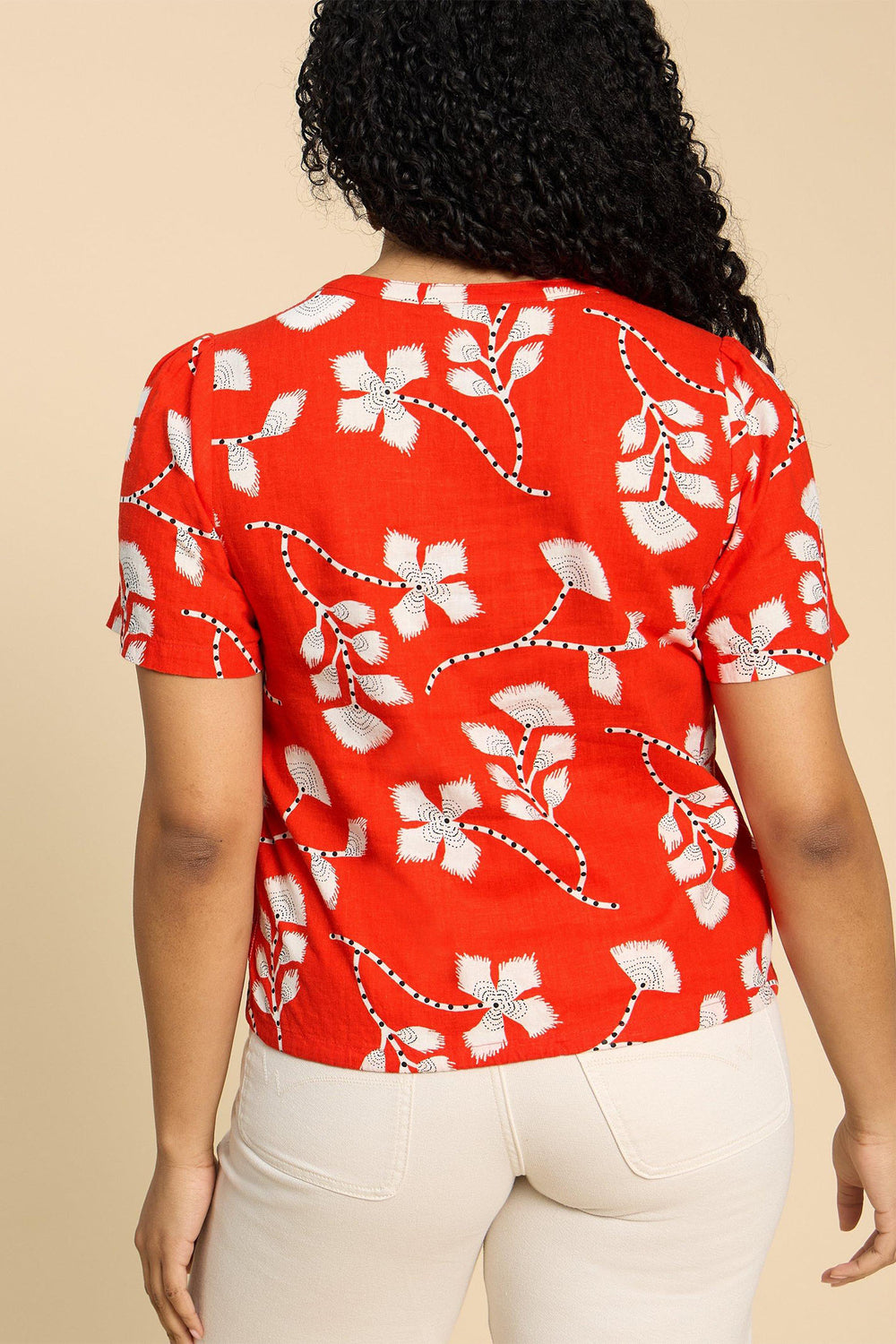 White Stuff 440413 Ferne Red Print Linen Blend Short Sleeve Shirt - Shirley Allum Boutique