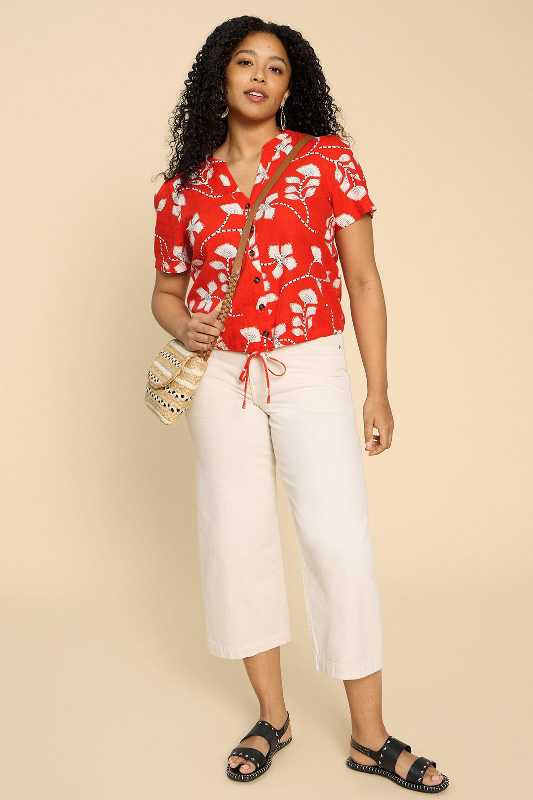 White Stuff 440413 Ferne Red Print Linen Blend Short Sleeve Shirt - Shirley Allum Boutique